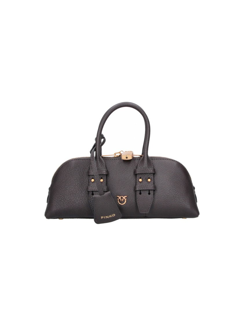 Pinko Brown Leather Horizontal Bowling Tote Bag