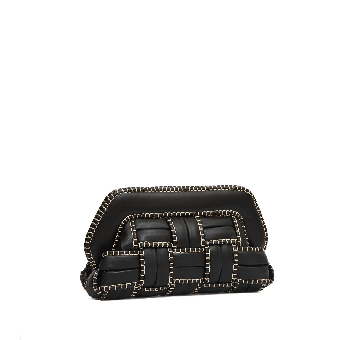 Themoirè Structured Black Vegan Leather Clutch With Beige Stitching