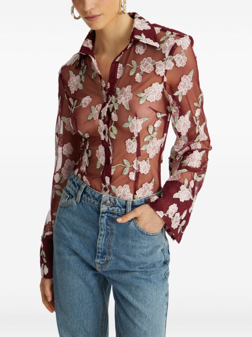 Rotate Semi-Transparent Burgundy Floral Embroidered Shirt
