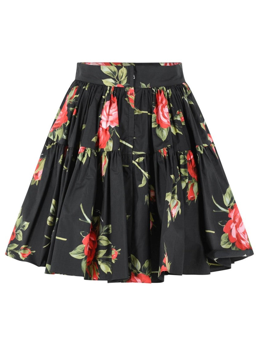 Dolce & Gabbana 'Bouquet Rose' Print Short Skirt In Black Cotton