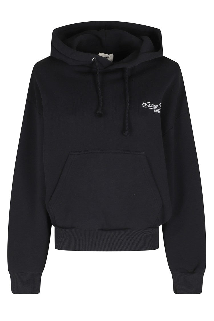 Autry Black Embroidered Slogan Ribbed Trim Cotton Hoodie