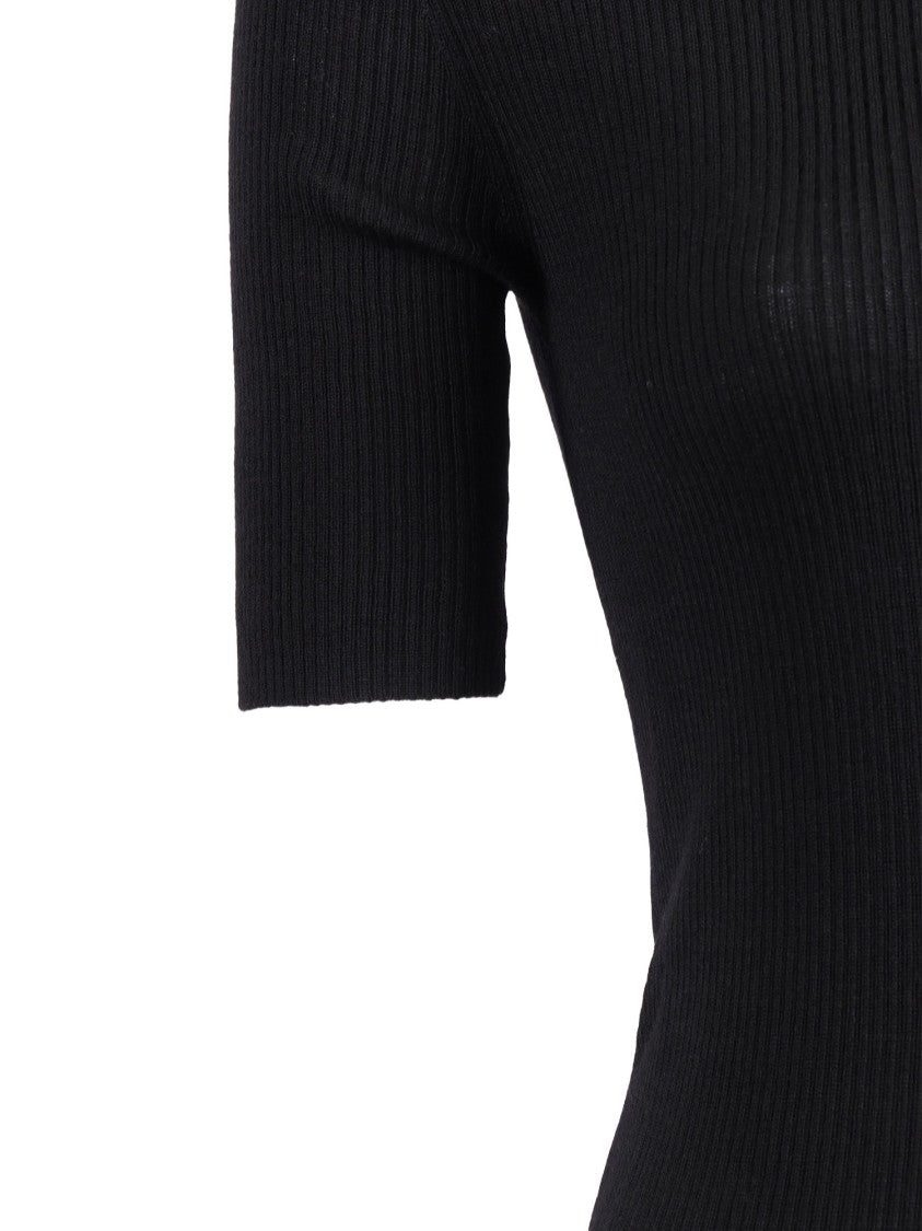 P.A.R.O.S.H. Fitted Black Ribbed Short-Sleeve Top With Round Neckline