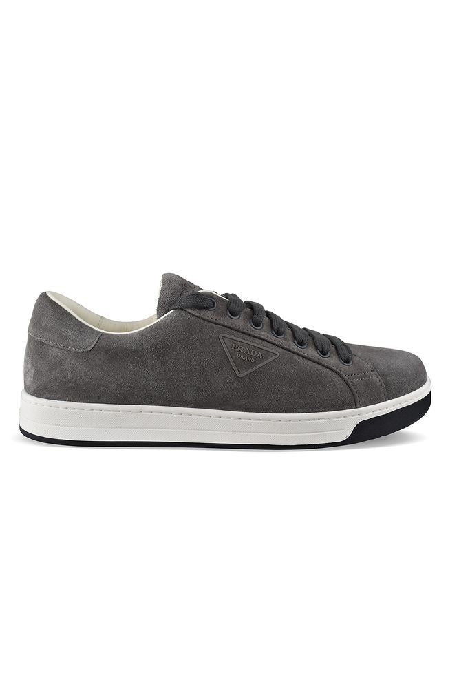 Prada Low-Top Grey Suede Sneakers With Tone-On-Tone Logo