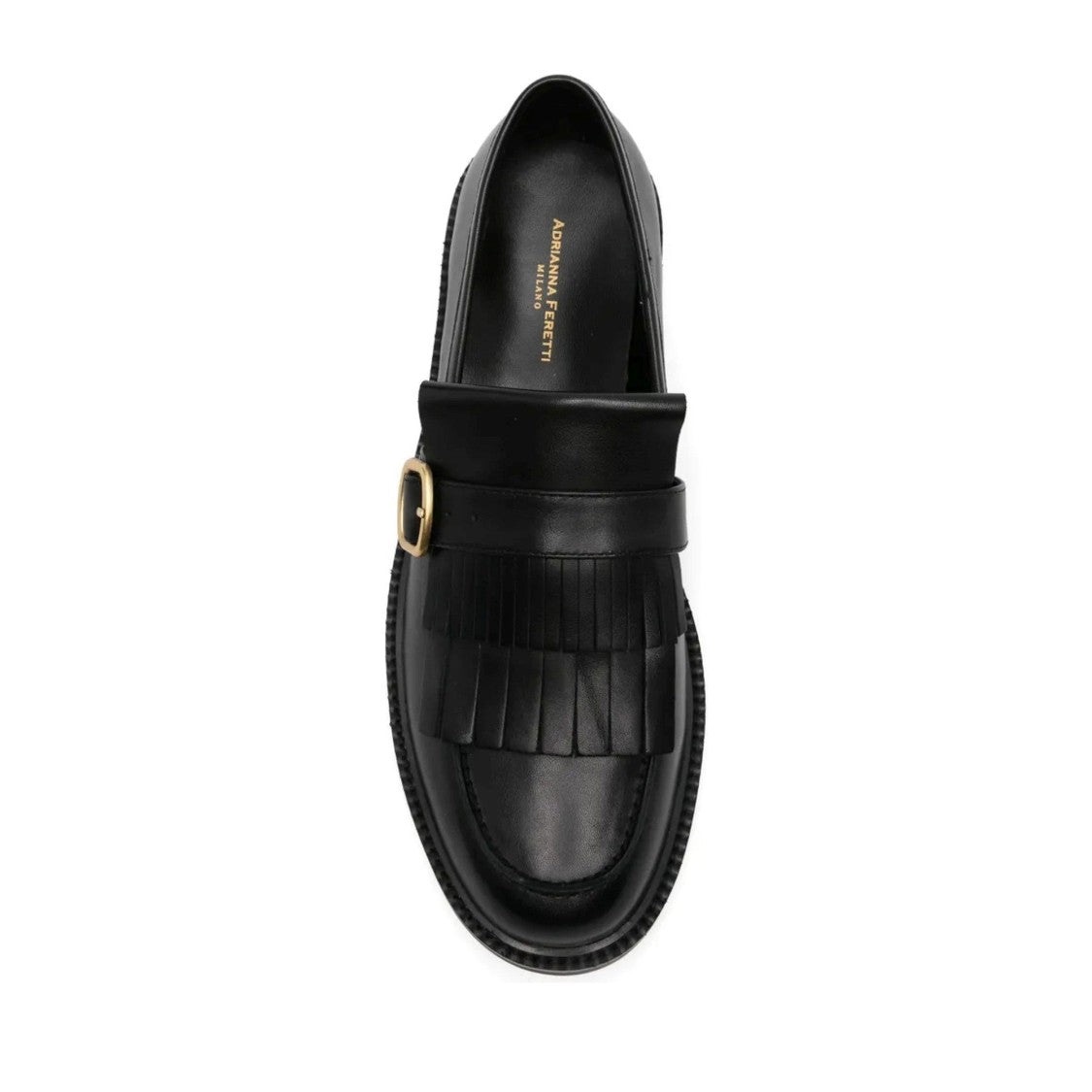 Adrianna Feretti Black Fringe Gold Buckle Leather Loafers