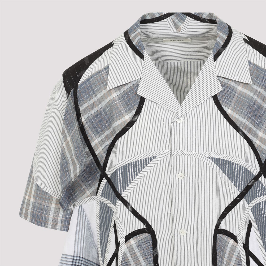 Craig Green Patchwork Blue Cotton Shirt With Bowling Collar