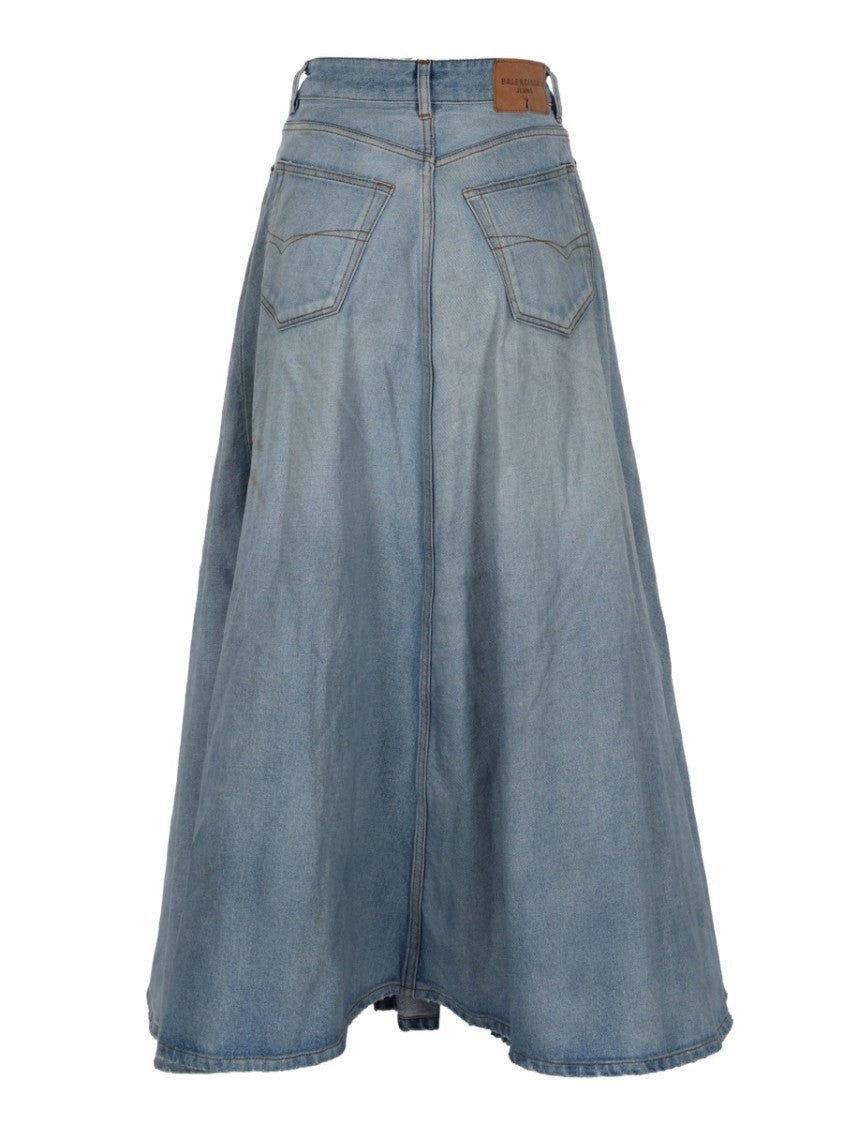 Balenciaga Godet-Style Long Skirt In Faded Denim