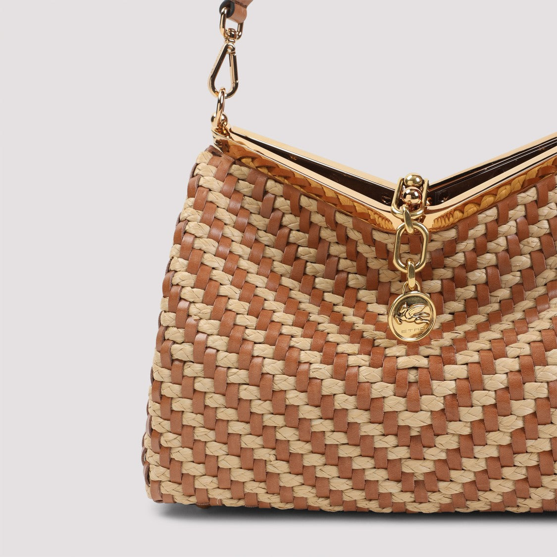 Etro Chevron Woven Raffia And Leather Shoulder Bag