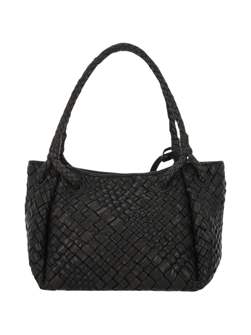 Visona` Woven Black Leather Shoulder Bag With Braided Handles
