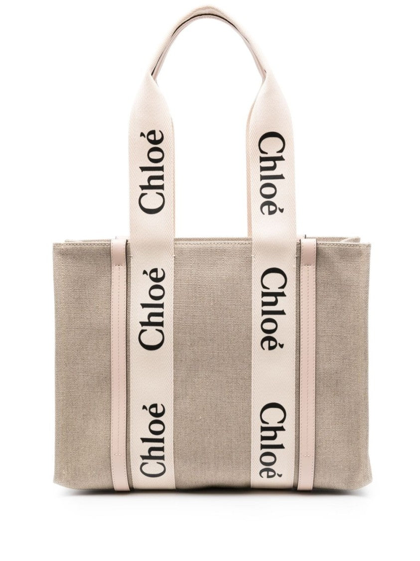 Chloé Beige Woody Medium Textured Linen Tote Bag