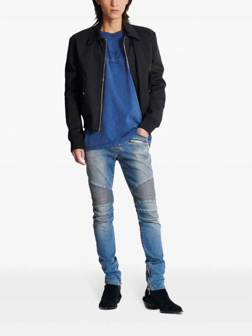 Balmain Navy Blue Cotton Tonal Logo T-Shirt
