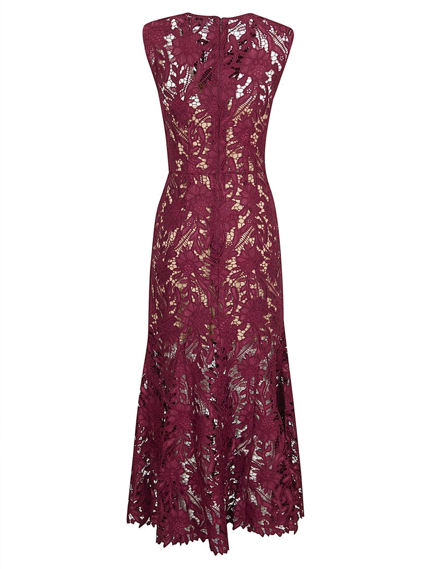 Self-Portrait Burgundy Guipure Lace Midi Dress With Removable Belt