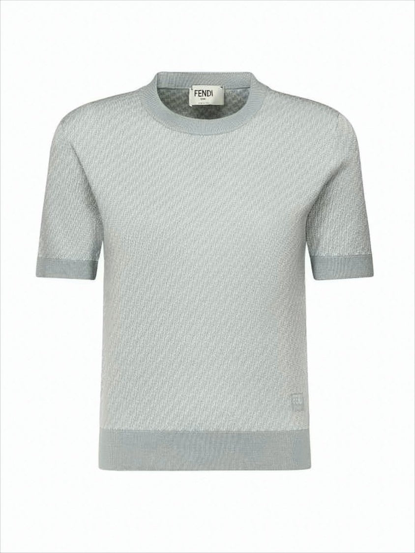 Fendi Textured Knit Short-Sleeve Sweater With Classic Crew Neck