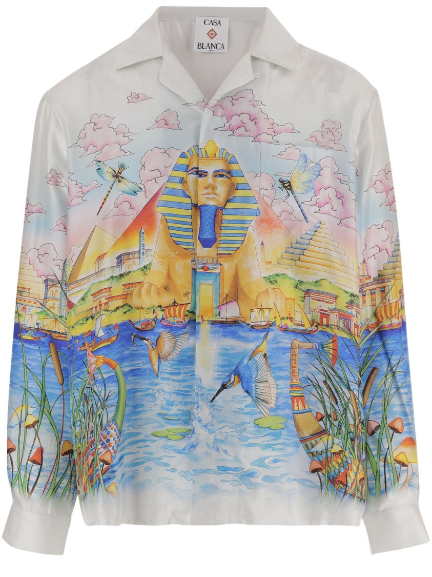 Casablanca Bowling Collar Silk Shirt With Egyptian Graphic Print
