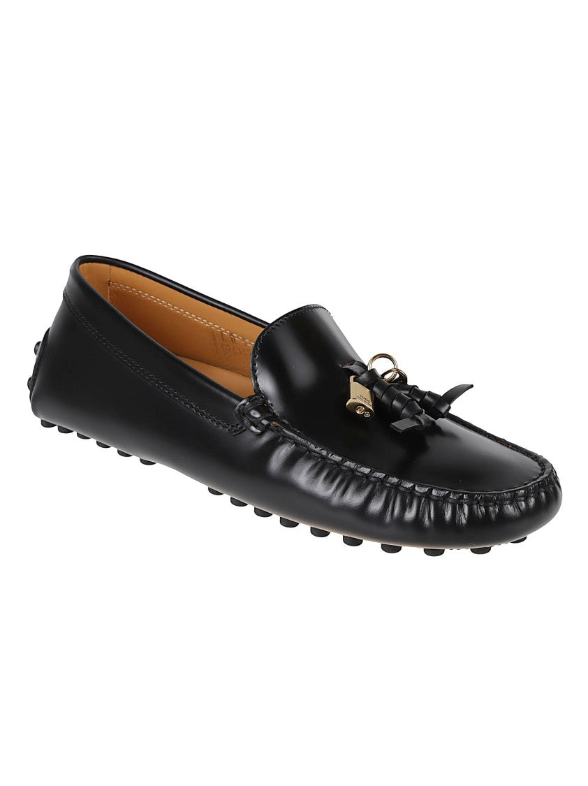 Tod's Black Leather Logo Padlock Loafers