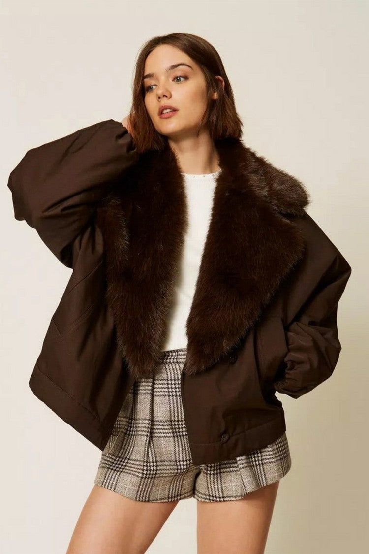 Twin-Set Brown Cotton-Polyester Blend Faux-Fur Collar Jacket