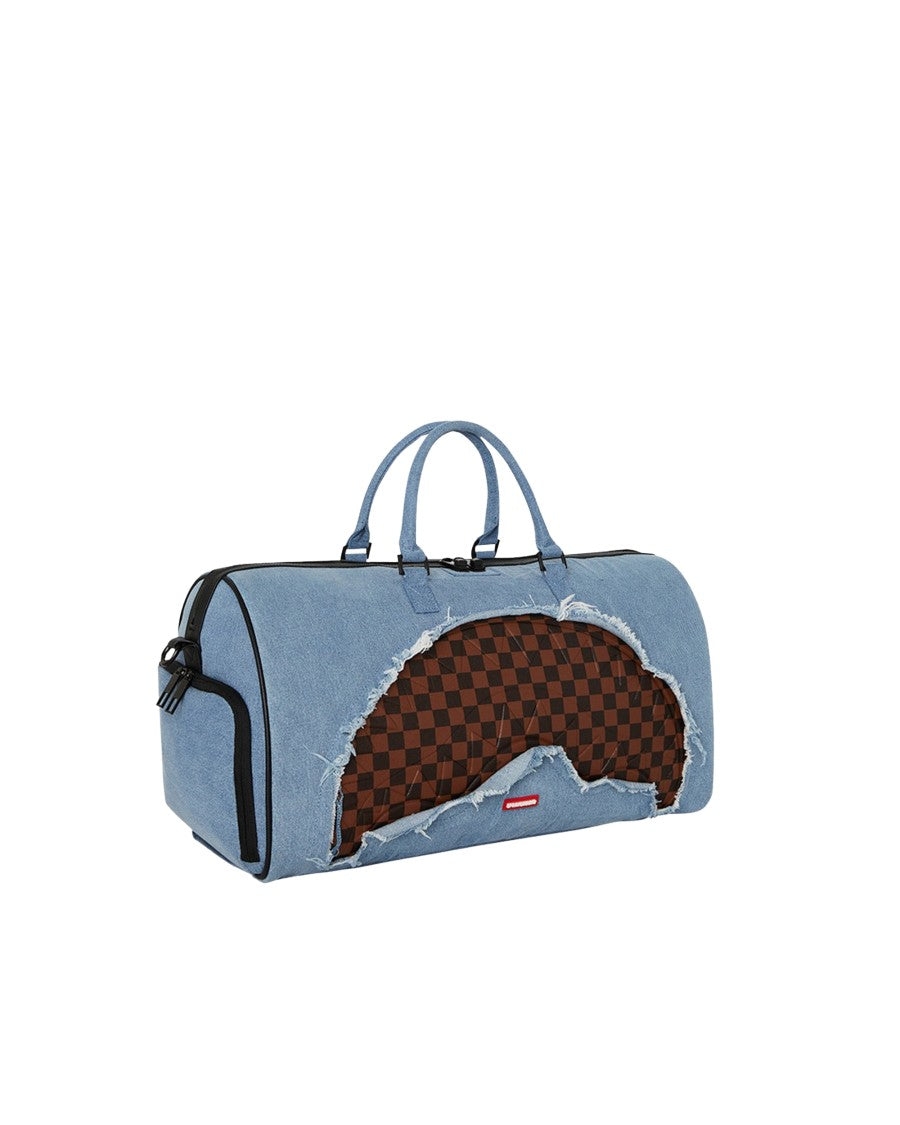 Sprayground Cylindrical Denim Duffle Bag With Checkerboard Detail