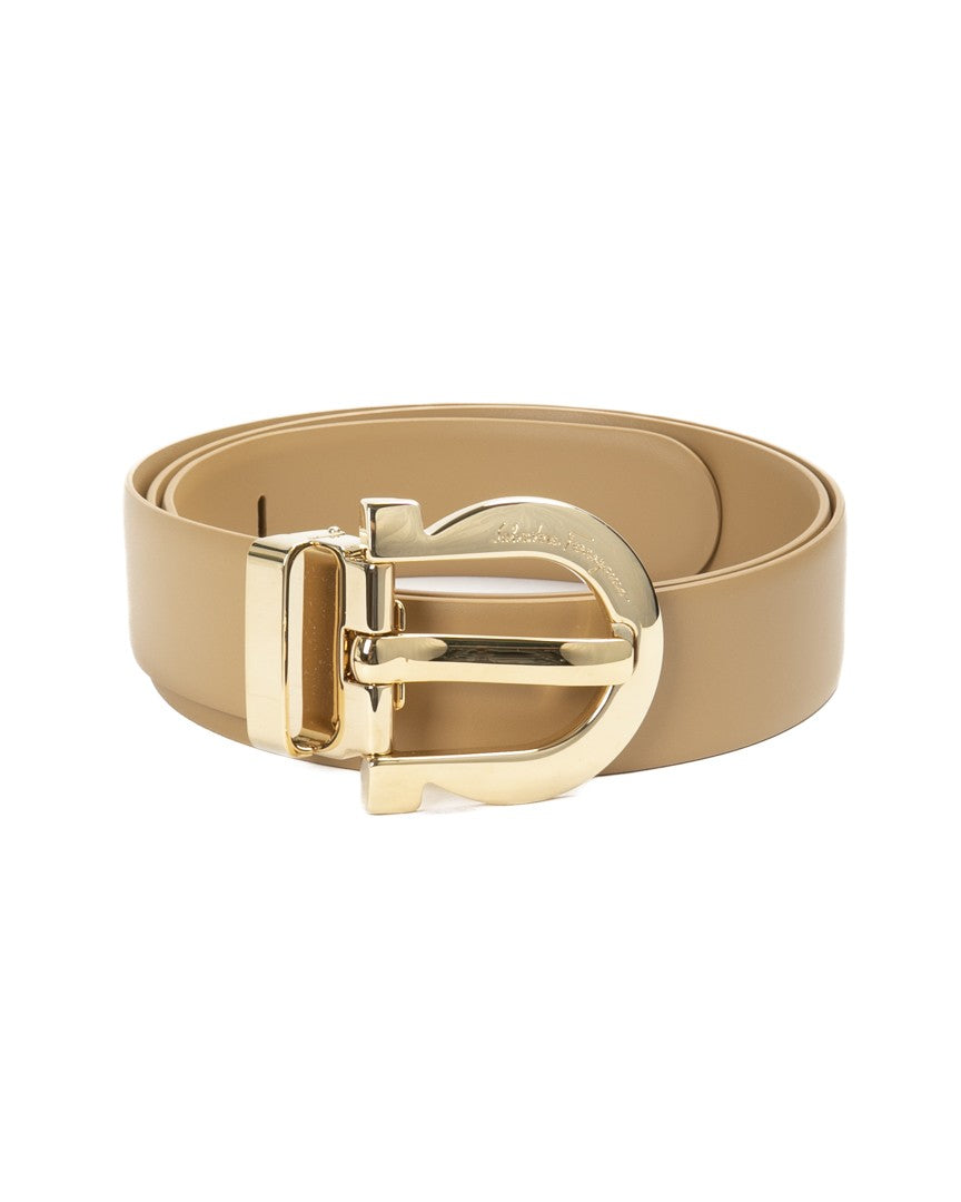Salvatore Ferragamo Camel Leather Belt With Polished Gold-Tone Buckle
