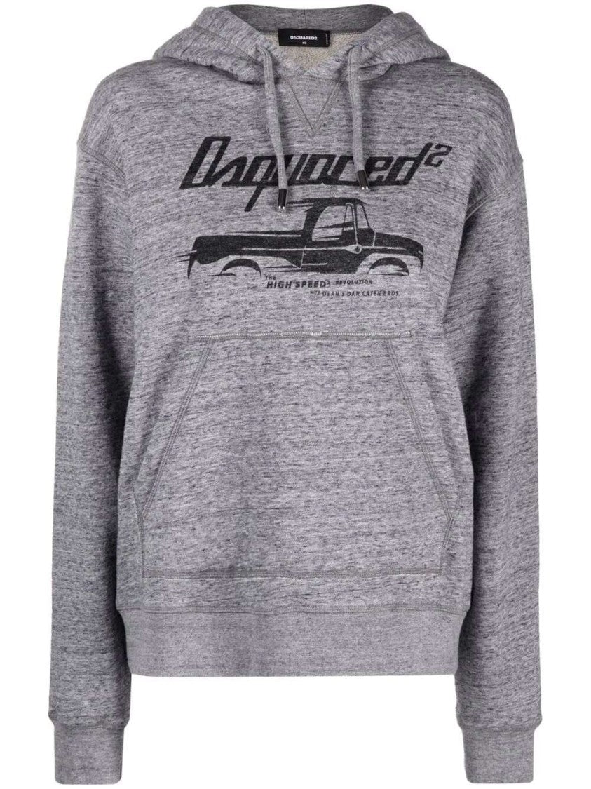 Dsquared2 Heather Grey Truck-Print Hoodie With Rhinestone Detail
