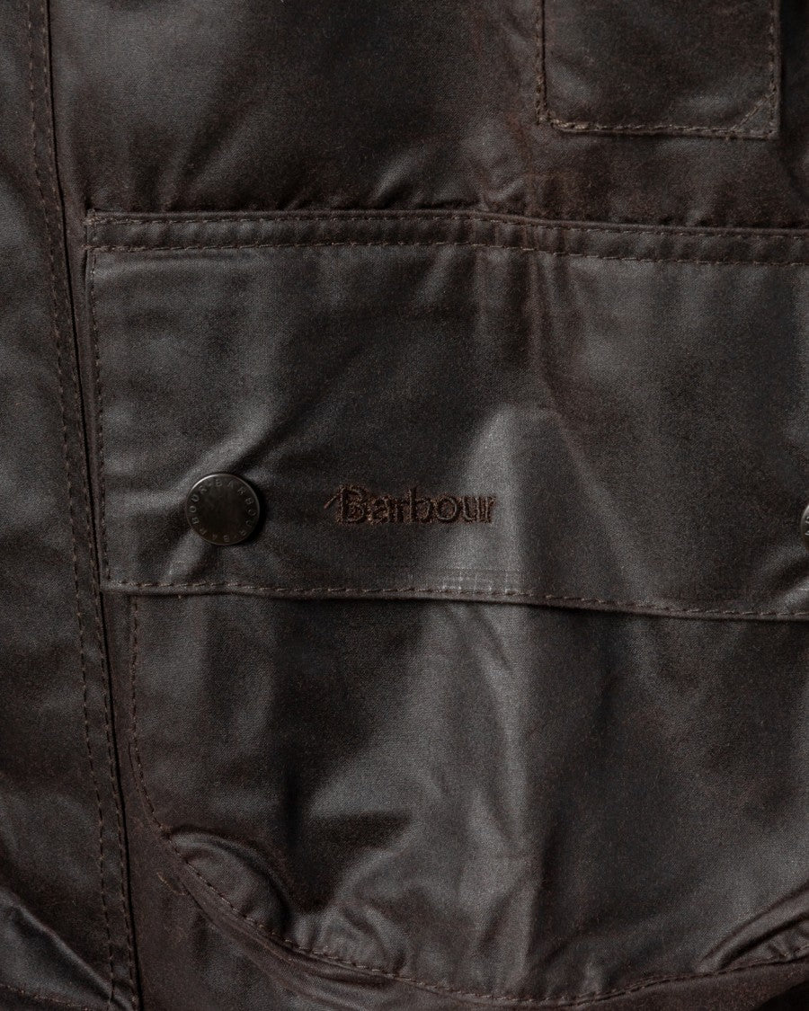 Barbour Beaufort Waxed Cotton Jacket With Corduroy Collar And Multiple Pockets