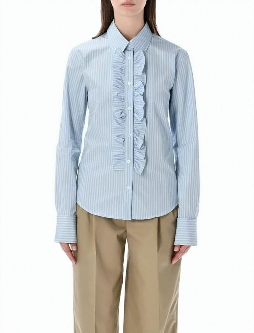 Ami Paris Light Blue Striped Shirt With Ruffled Placke