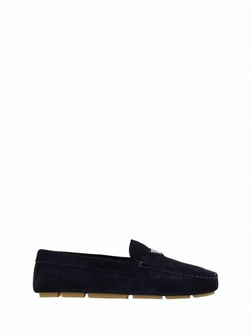 Prada Suede Loafers With Rubber Sole And Metallic Detail