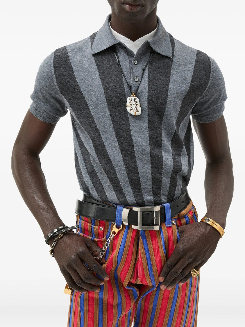 Versace Grey Rays Polo Intarsia Knit Sweater