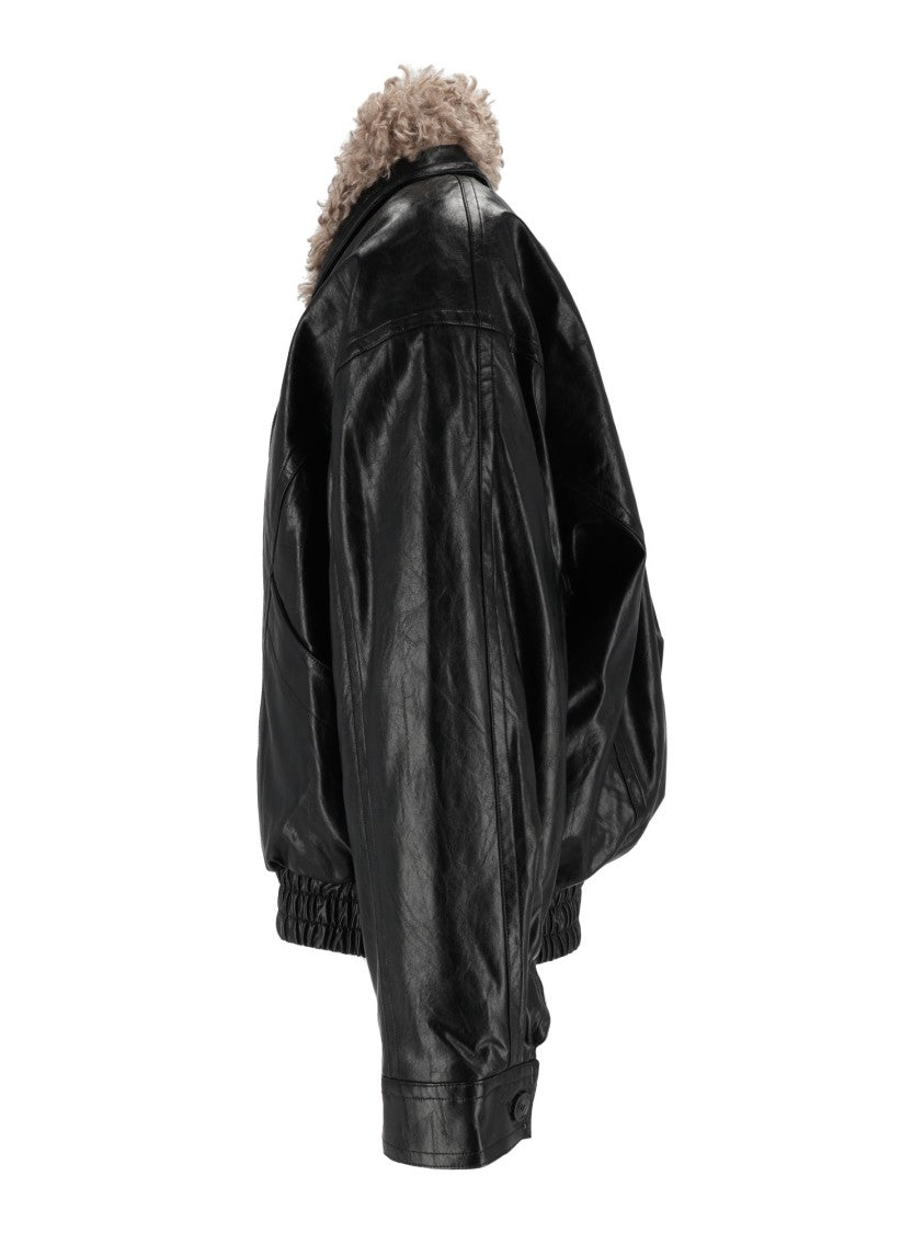 Eleh Black Glossy Shearling Collar Cropped Jacket