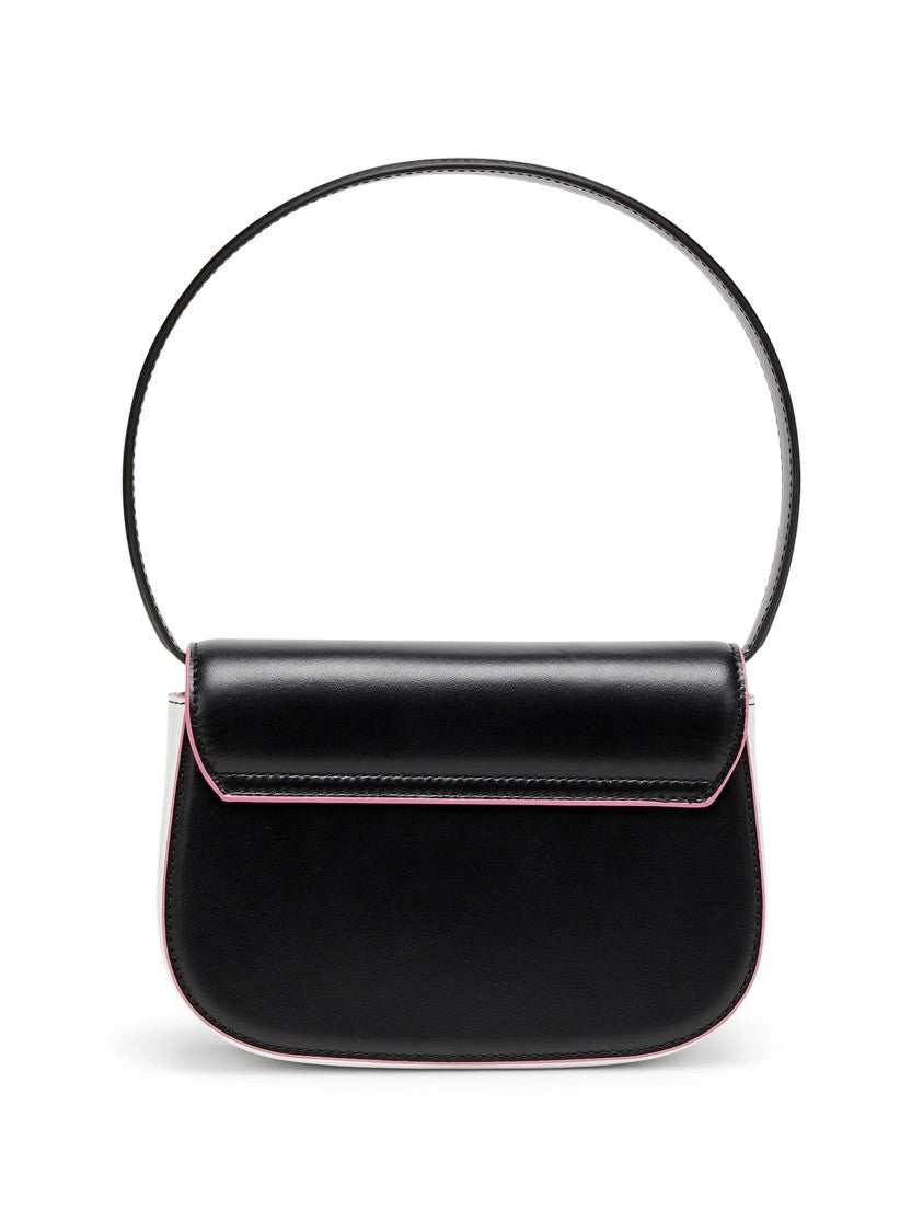 Diesel Rectangular Black Shoulder Bag With Silver Emblem And Pink Accents