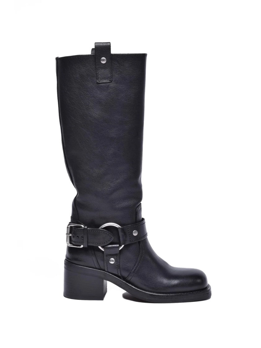 Ash Black Leather Rubber Women's Biker Boots