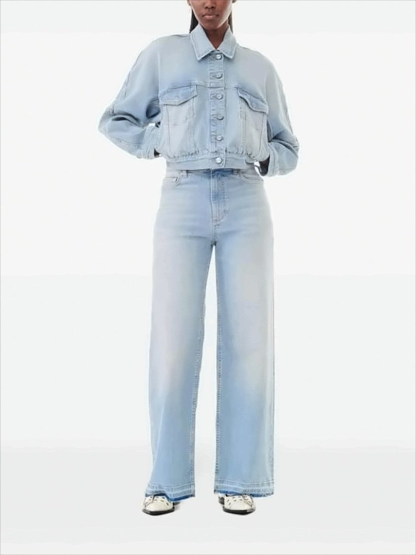 Ganni Light Wash Cropped Denim Jacket With Gathered Hem And Flap Pockets