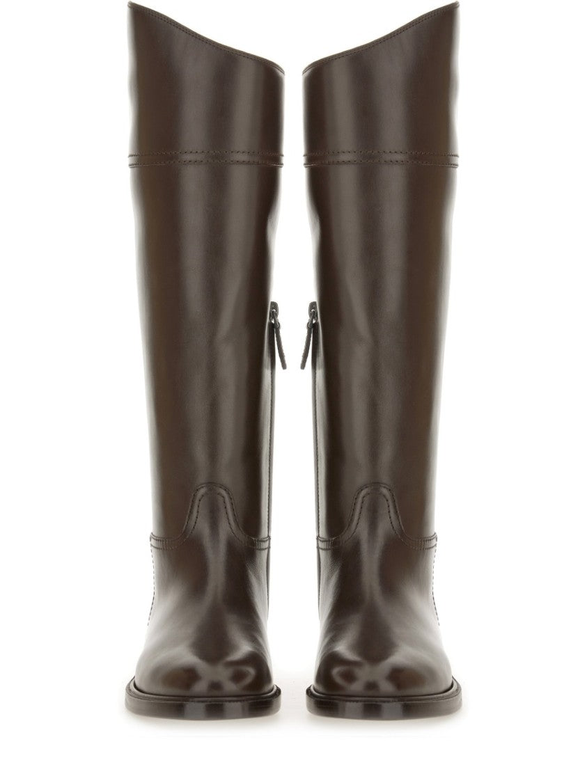 Brunello Cucinelli Polished Brown Leather Boots With Zipper Detail