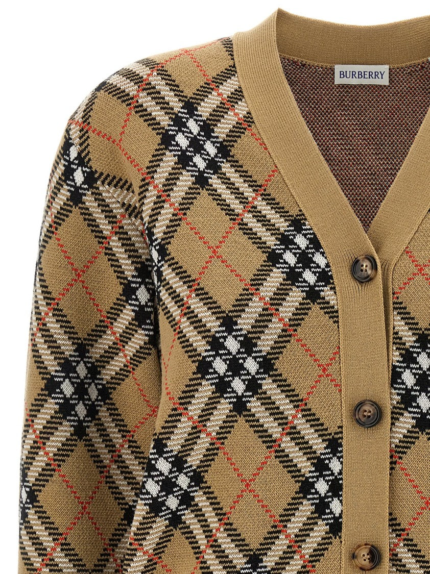Burberry Check Print Wool Cardigan With V-Neckline