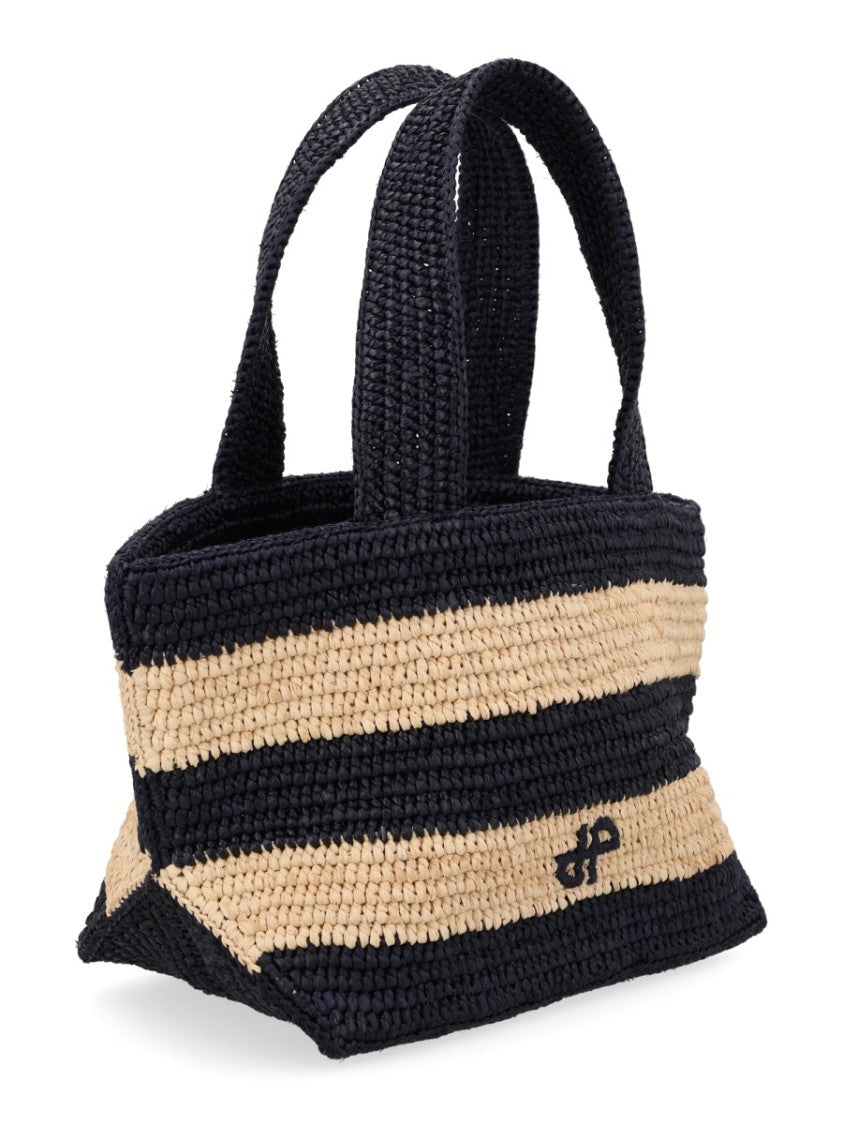 Patou Black Striped Woven Raffia Tote Bag