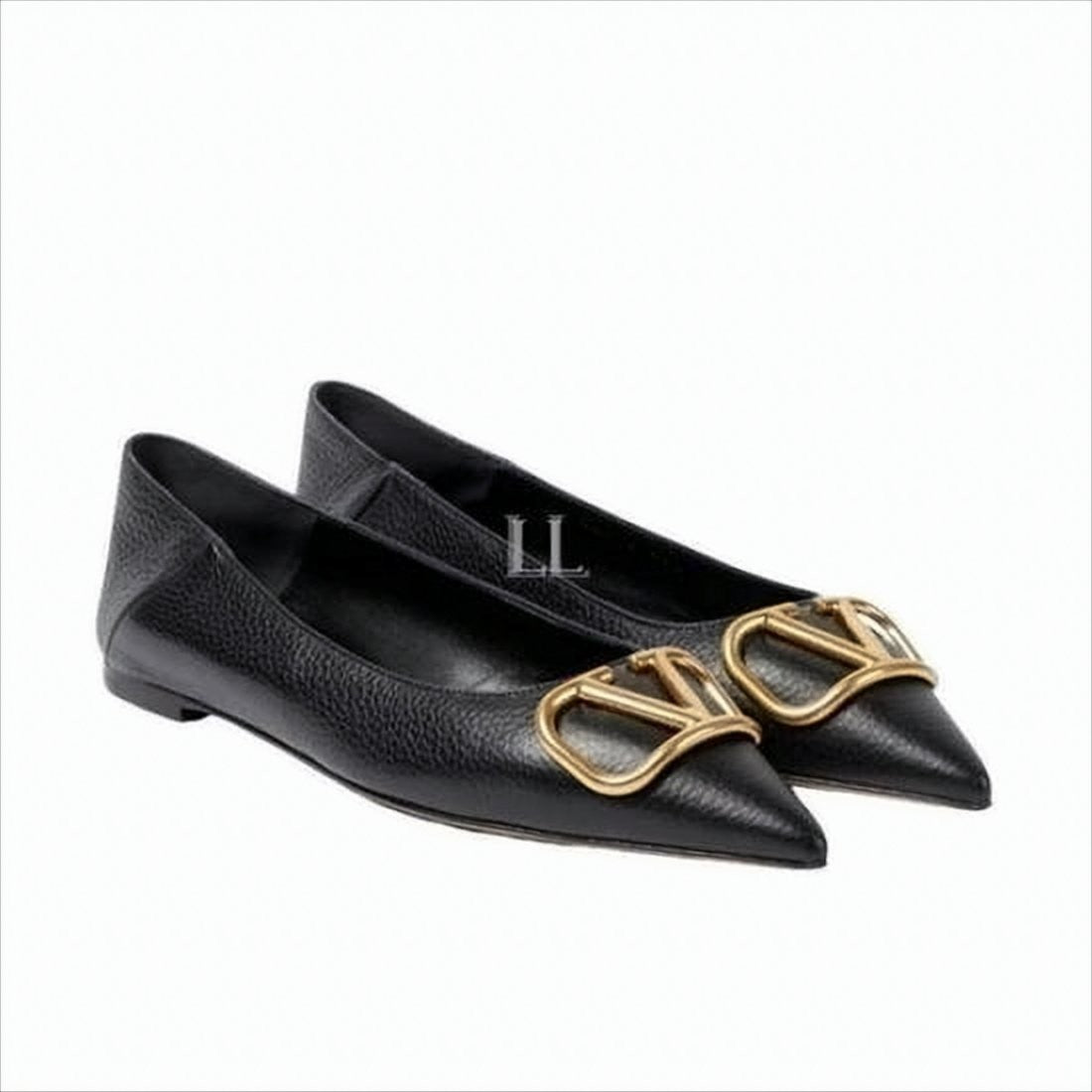 Valentino Garavani Textured Leather Flat Shoes With Gold-Tone Logo Detail