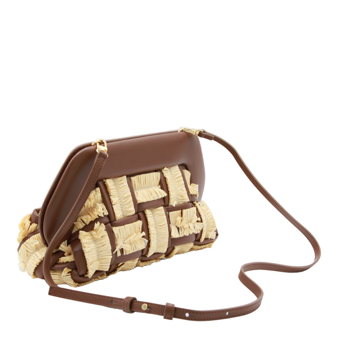 Themoirè Textured Brown Handbag With Woven Cream Fringes