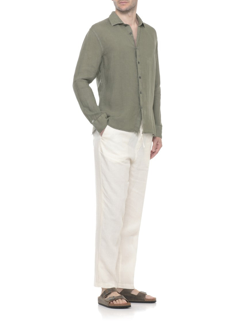 120% Lino Army Green Cotton Casual Shirt