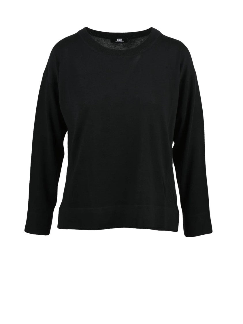 Alpha Studio Lightweight Black Merino Wool Sweater With Boat Neck Design