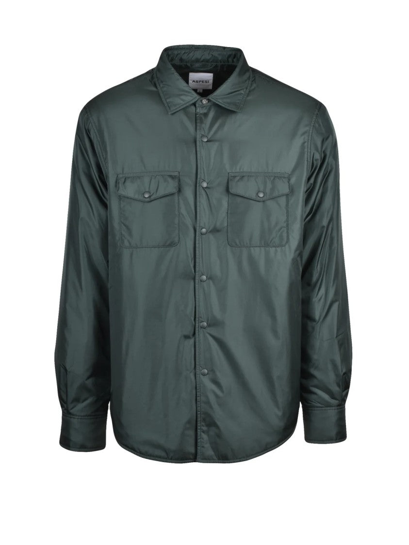 Aspesi Green Quilted Snap Button Polyamide Shirt