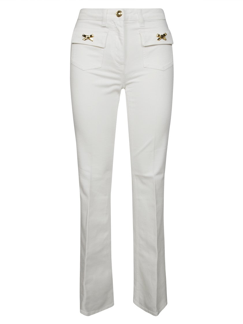 Elisabetta Franchi Flared White Pants With Gold Bow Embellishments