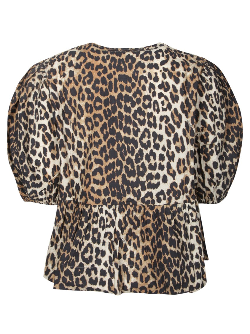 Ganni Leopard Print Blouse With Puffed Sleeves