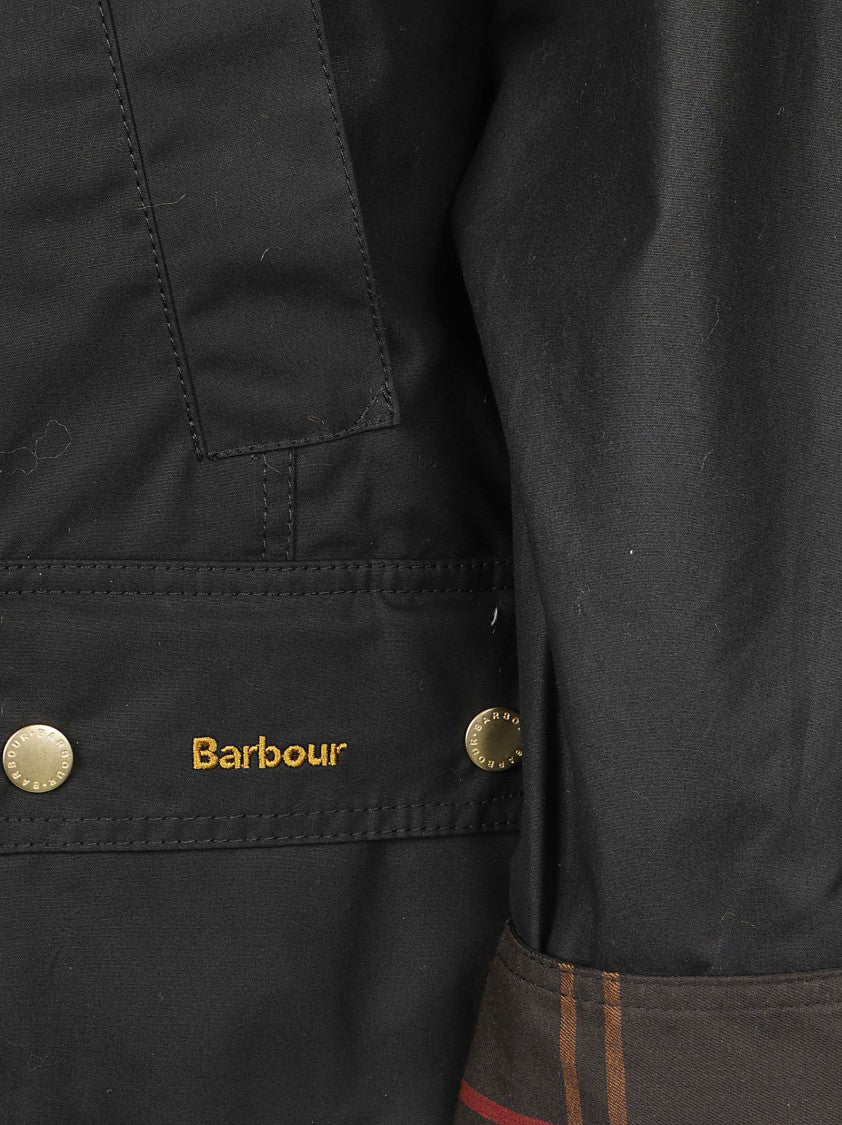 Barbour Waxed Cotton Jacket With Corduroy Collar And Adjustable Fit
