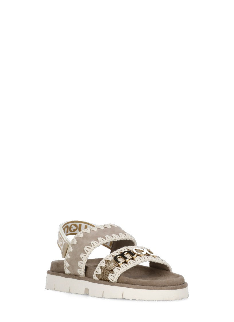 Mou Dove Grey Crochet Embroidery Sandals