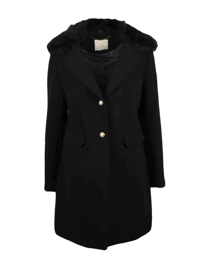Yes Zee Black Plush Fur Collar Double-Button Wool-Blend Coat