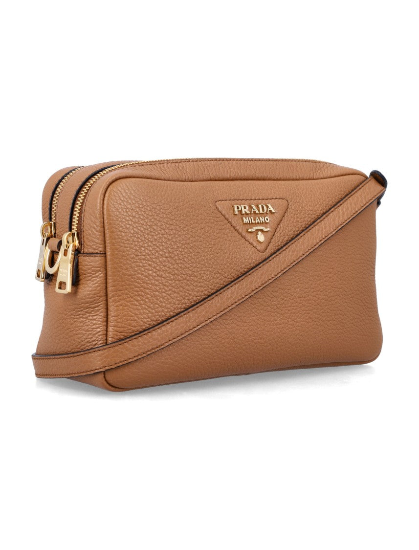 Prada Pebbled Calf Leather Crossbody Bag With Dual Zipper Compartments