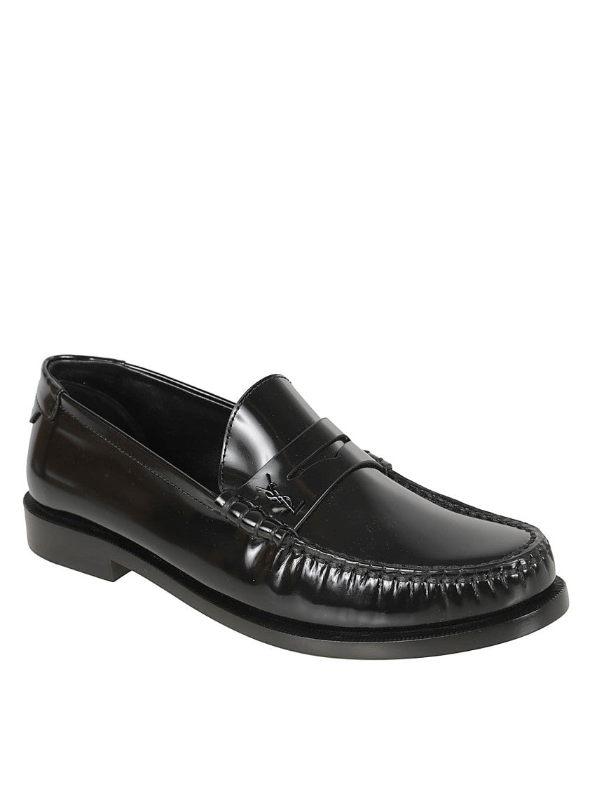 Saint Laurent Diamond-Cut Black Leather Loafers With Subtle Logo Plaque