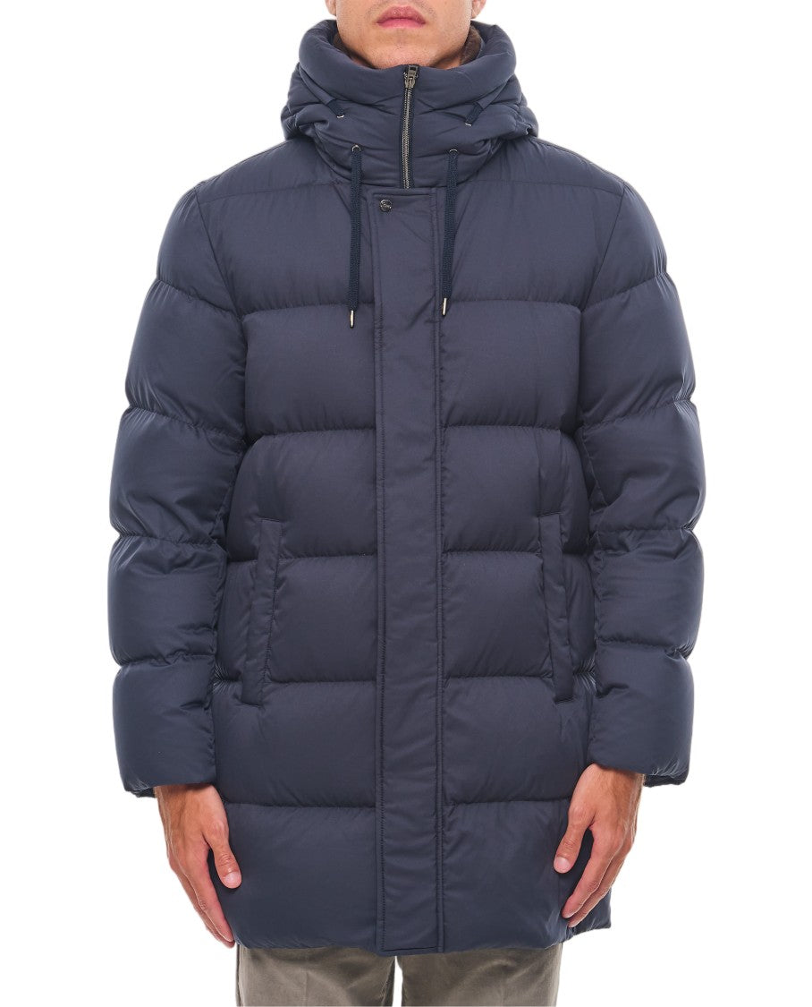 Herno Blue Hooded Long Faux-Fur Collar Down Jacket