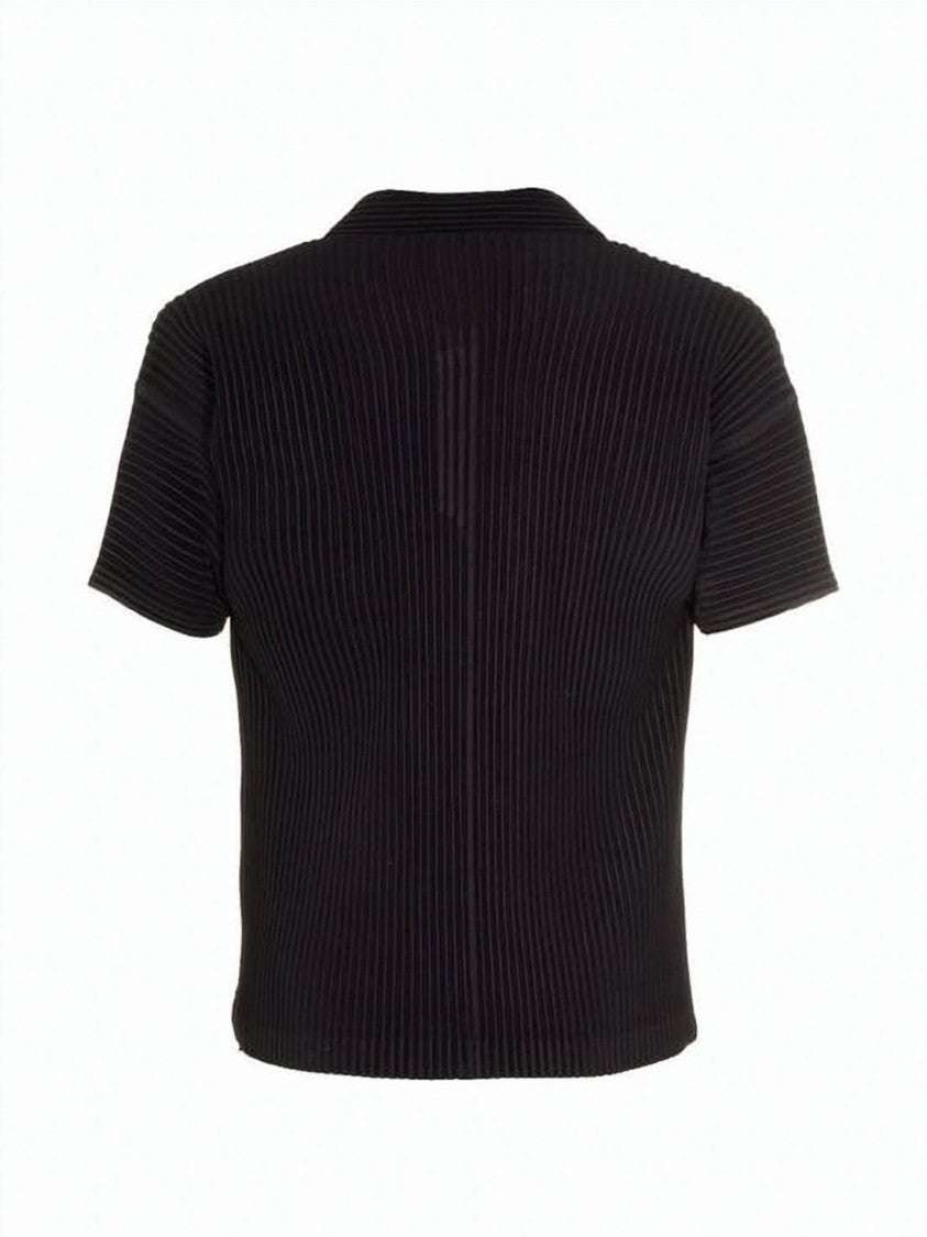 Homme Plissé Issey Miyake Pleated Black Short-Sleeve T-Shirt With V-Neck Collar