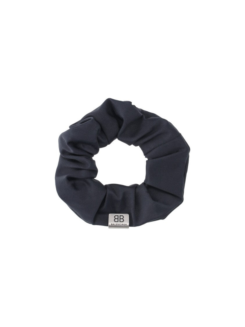 Balenciaga Gathered Black Fabric Scrunchie With Silver Logo Tag