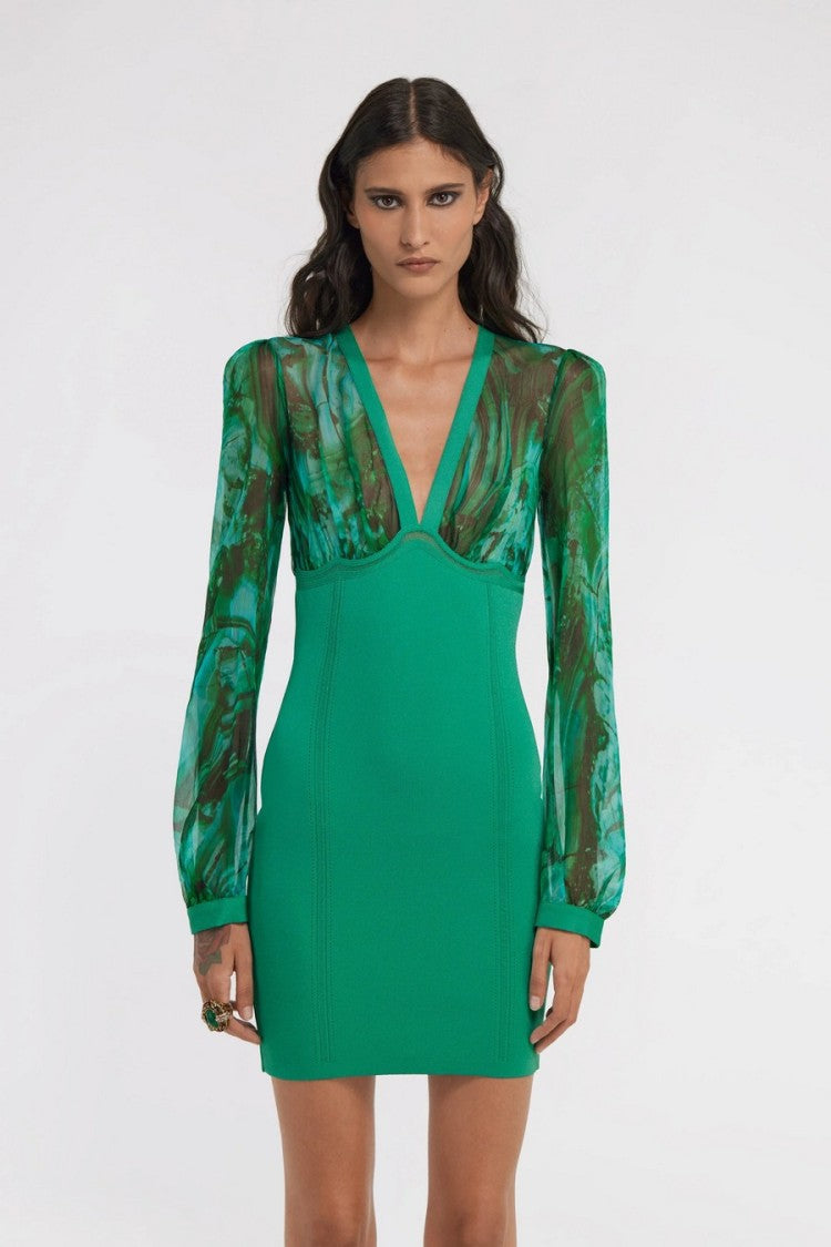 Roberto Cavalli Green Viscose-Blend Marble-Print Bodycon Dress