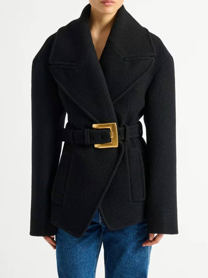 Balmain Black Belted Wool Short Coat